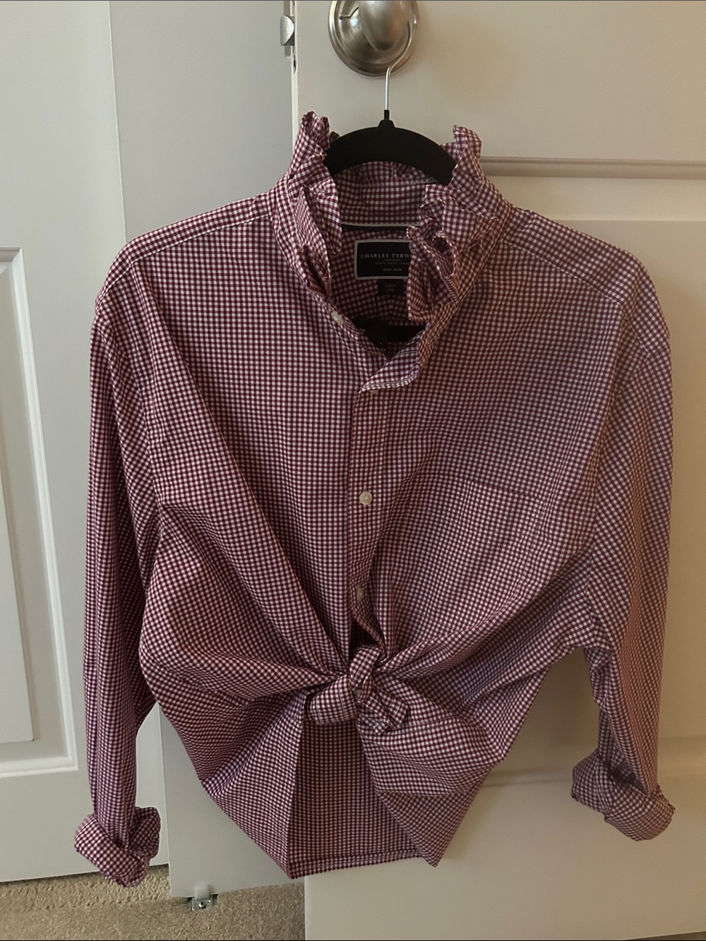 Charles Tyrwhitt Burgundy Gingham Button-Down Shirt with ruffled collar